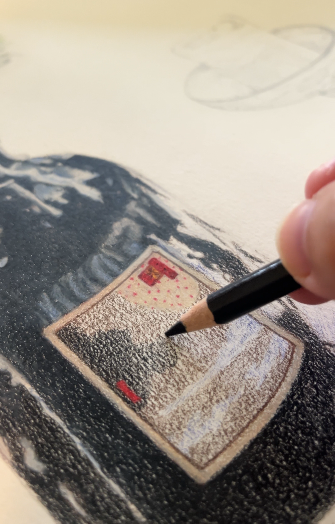 Hand holding a pencil over a drawing of a wine bottle.
